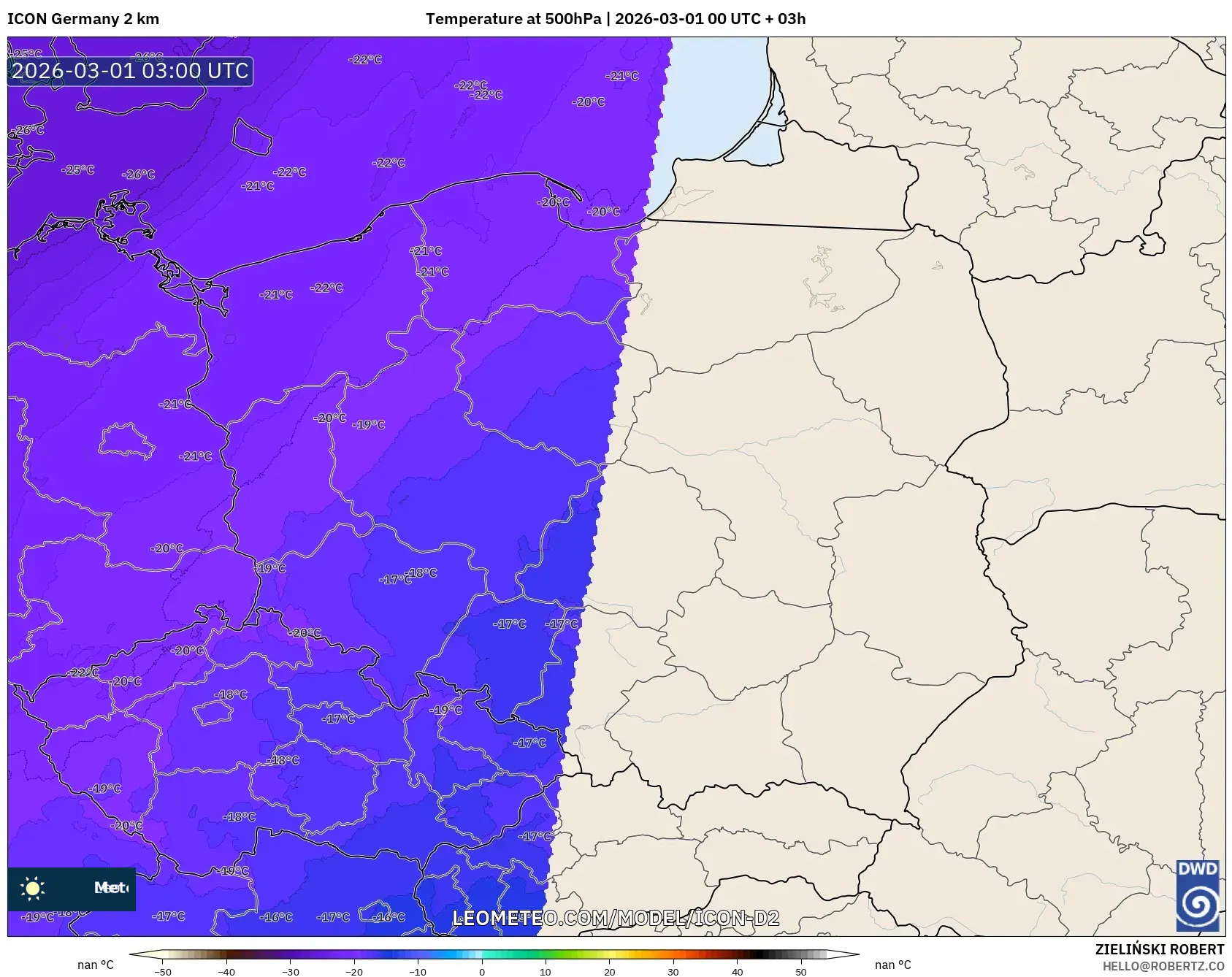 ICON ドイツ 2 km model - ポーランド, 気温（500hPa）