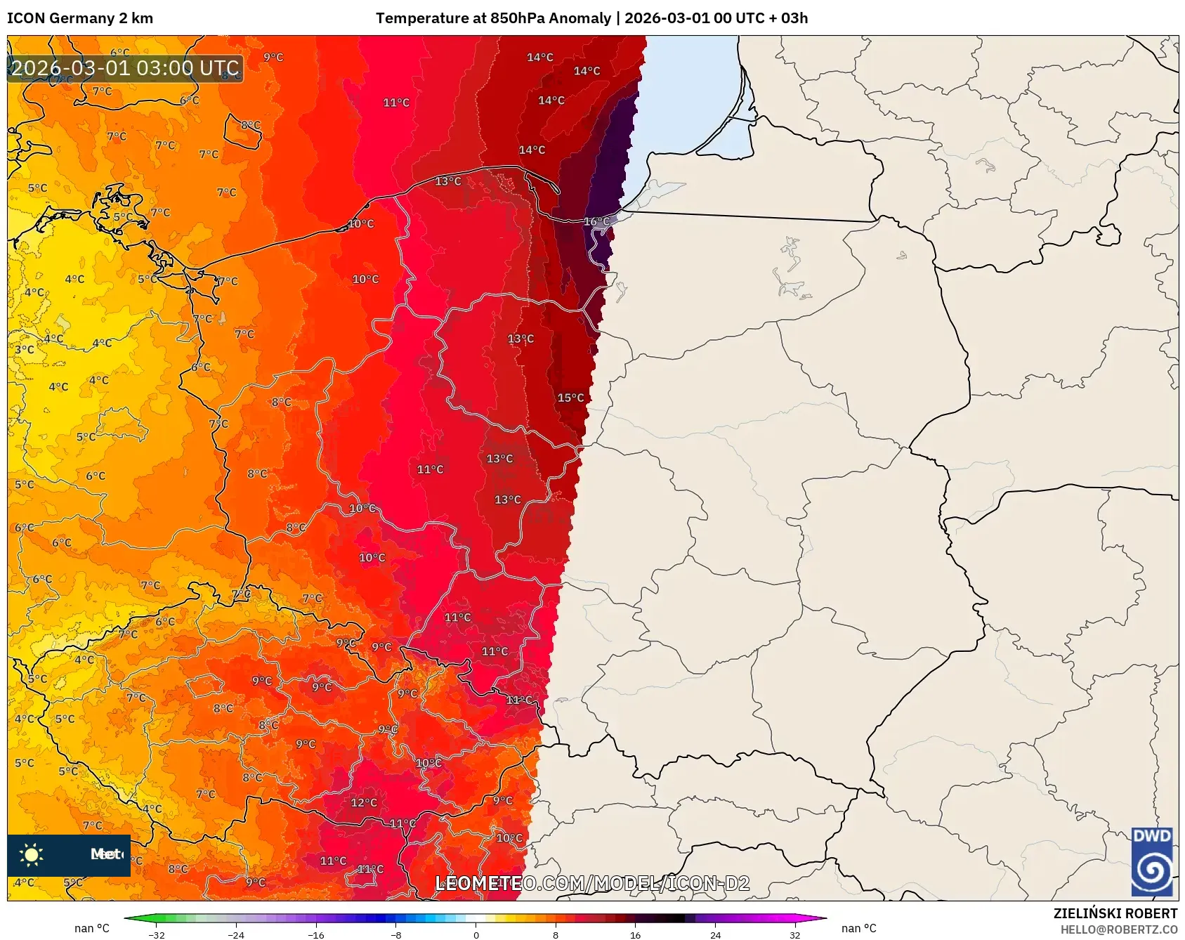 ICON ドイツ 2 km model - ポーランド, 気温異常（850hPa）