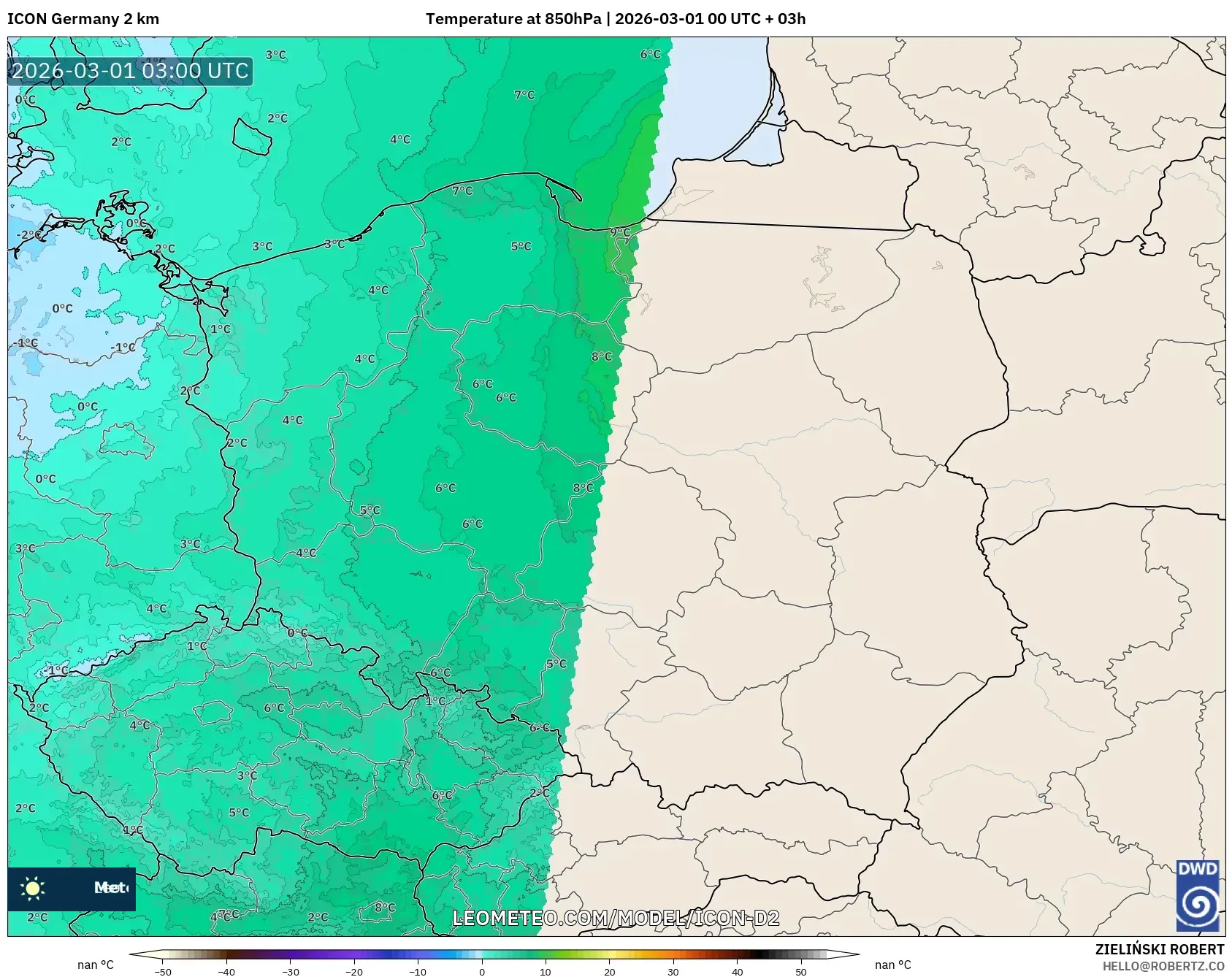 ICON ドイツ 2 km model - ポーランド, 気温（850hPa）