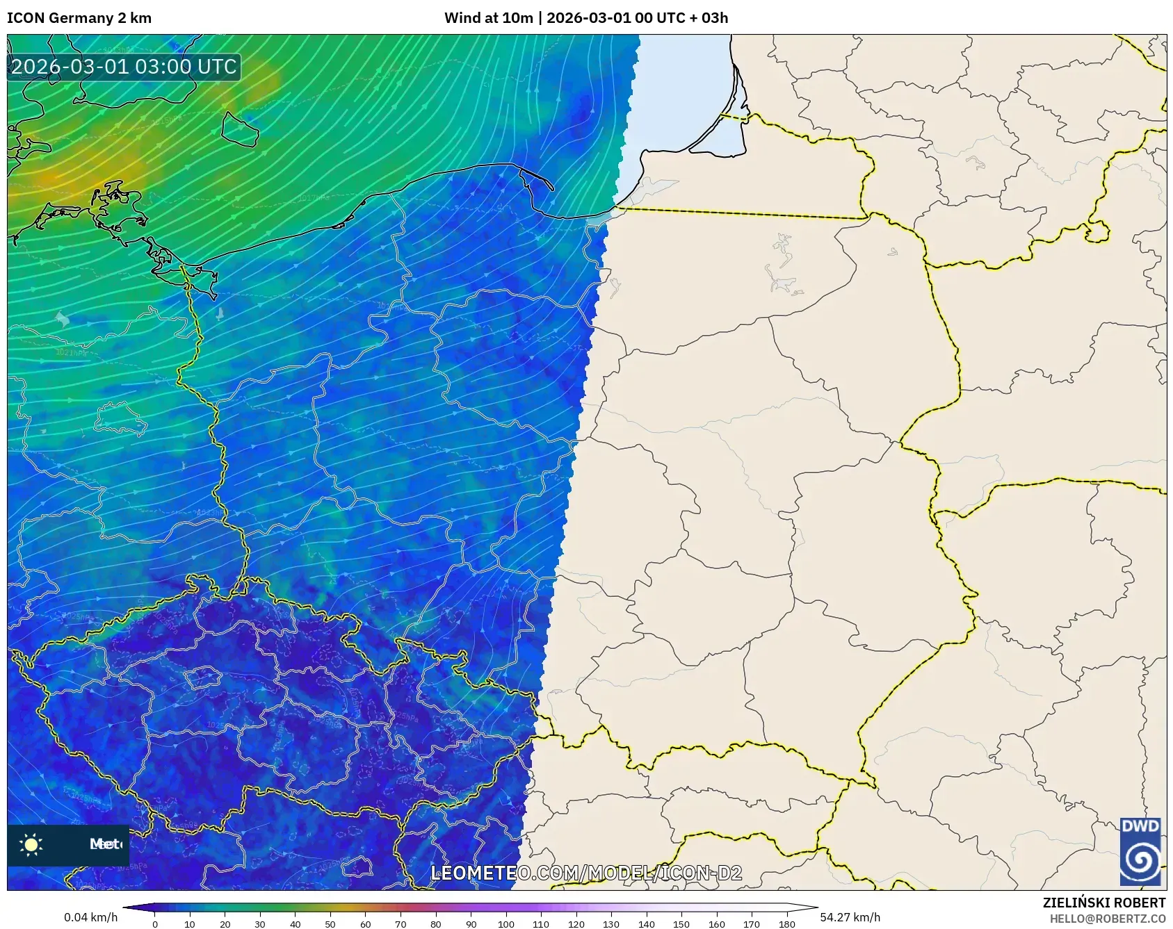 ICON ドイツ 2 km model - ポーランド, 風速（10m）