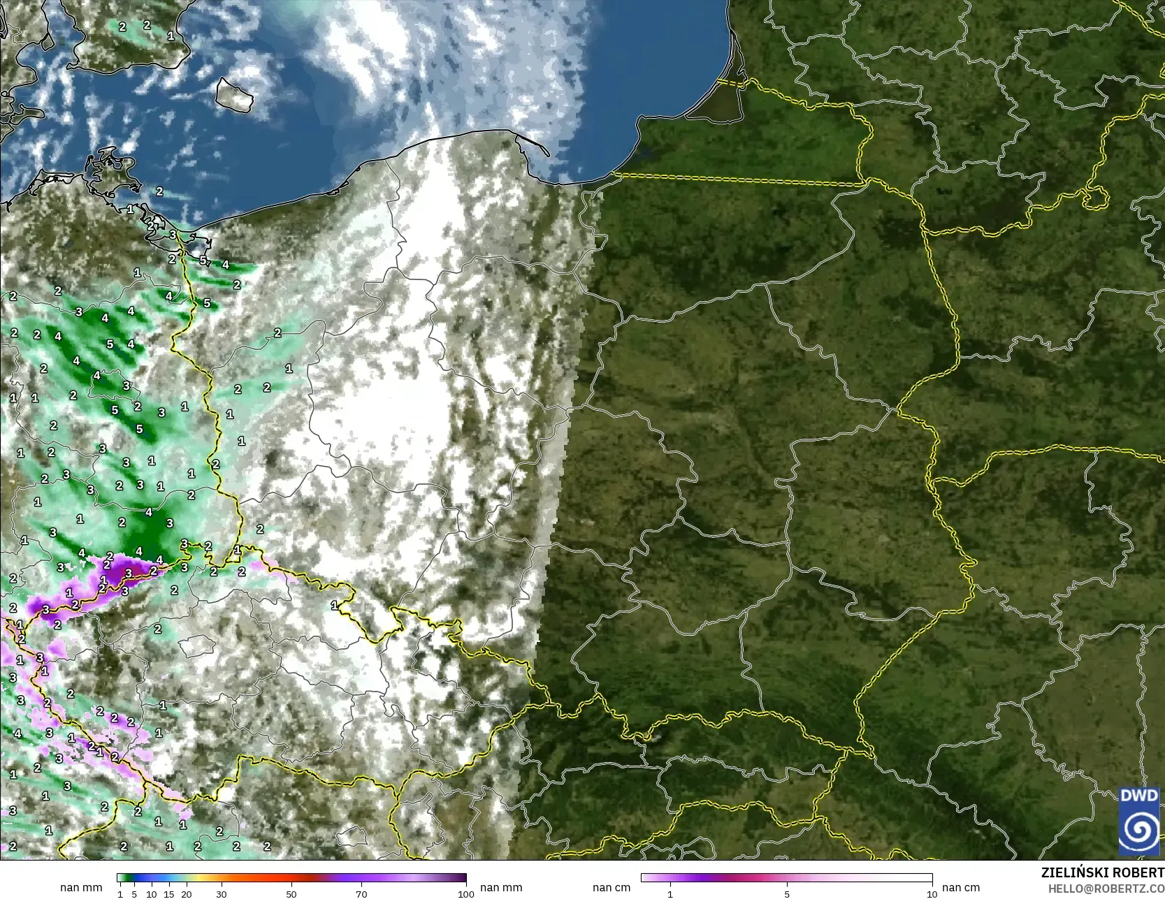 ICON ドイツ 2 km モデル - ポーランド, 降水量、雲、気圧
