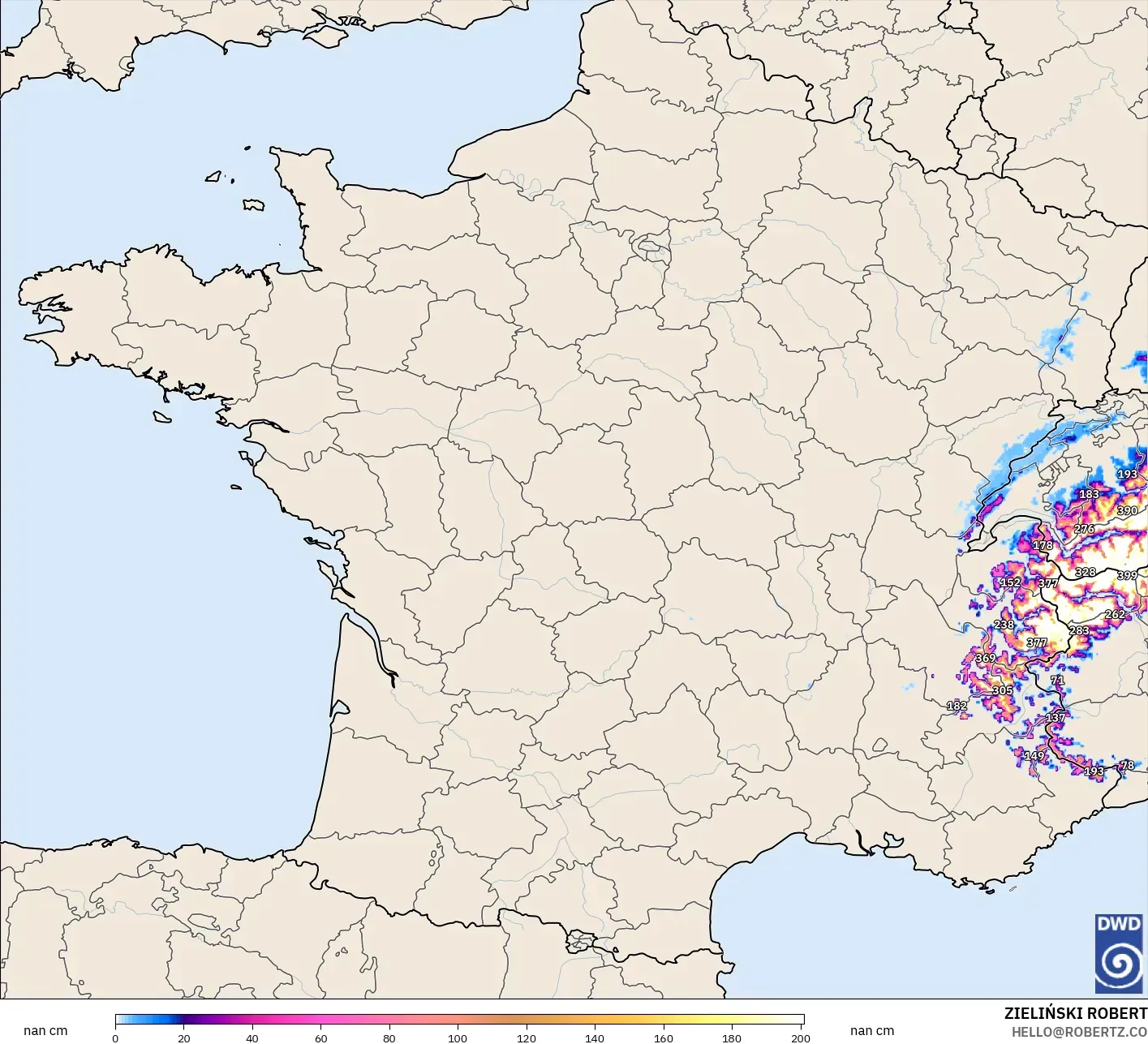 ICON ドイツ 2 km モデル - フランス, 積雪深