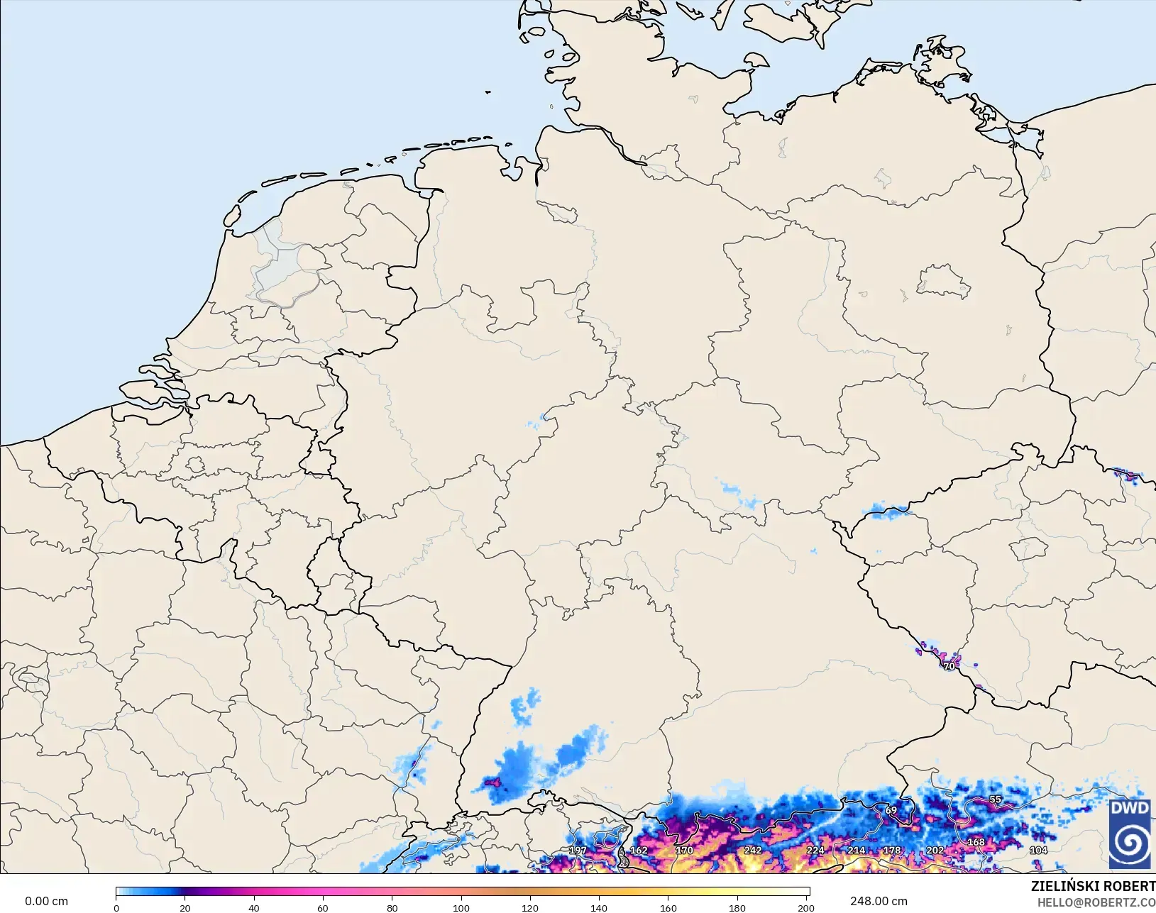 ICON ドイツ 2 km モデル - ドイツ, 積雪深