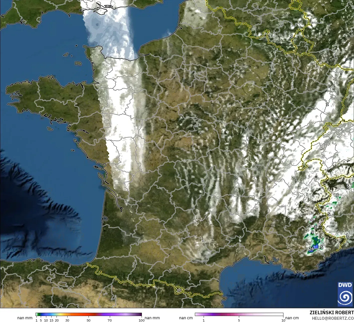 ICON ドイツ 2 km モデル - フランス, 降水量、雲、気圧