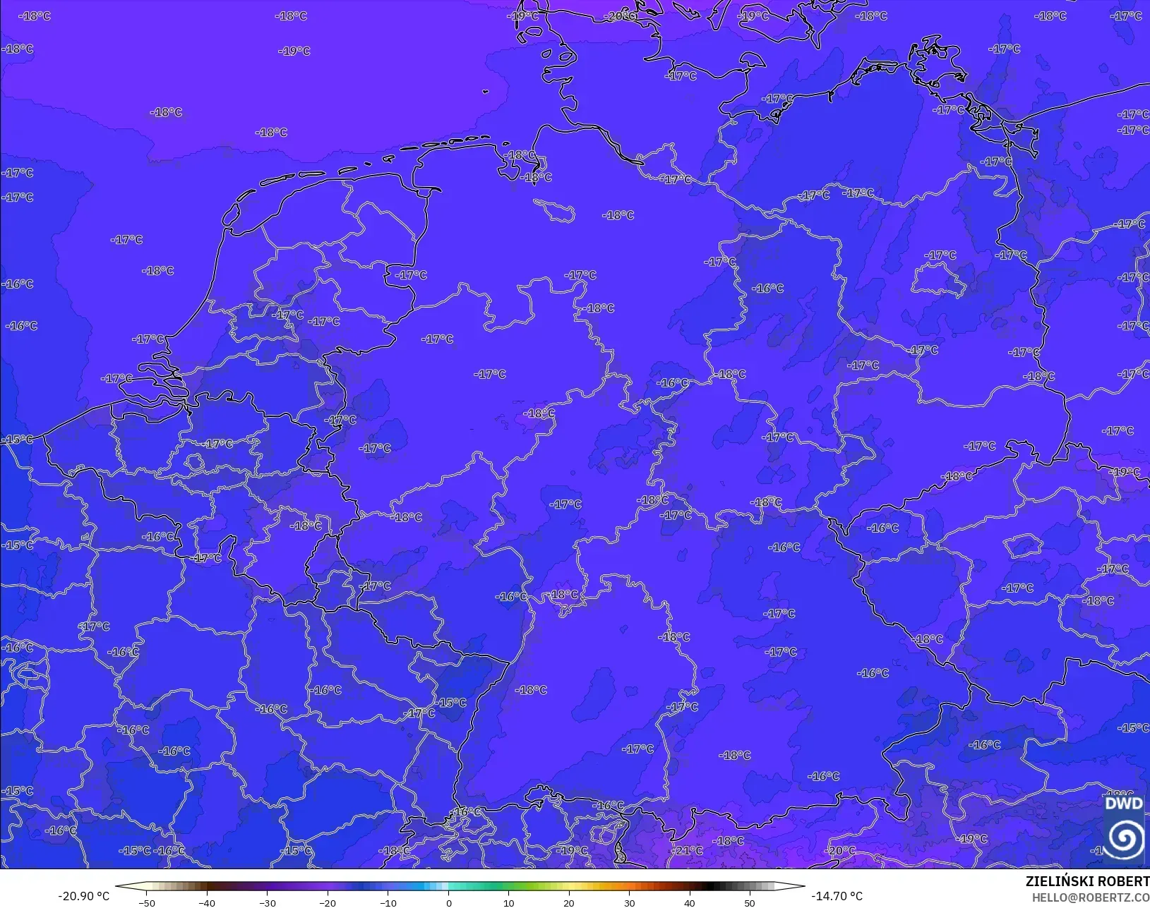 ICON ドイツ 2 km モデル - ドイツ, 気温（500hPa）