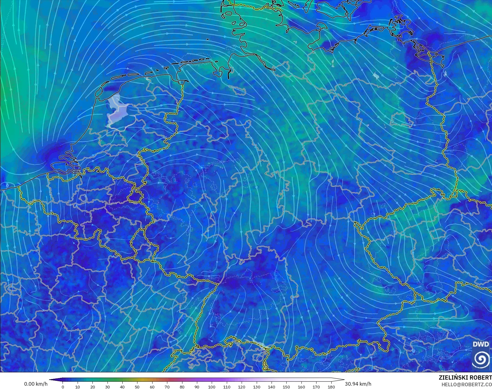 ICON ドイツ 2 km モデル - ドイツ, 風速（10m）