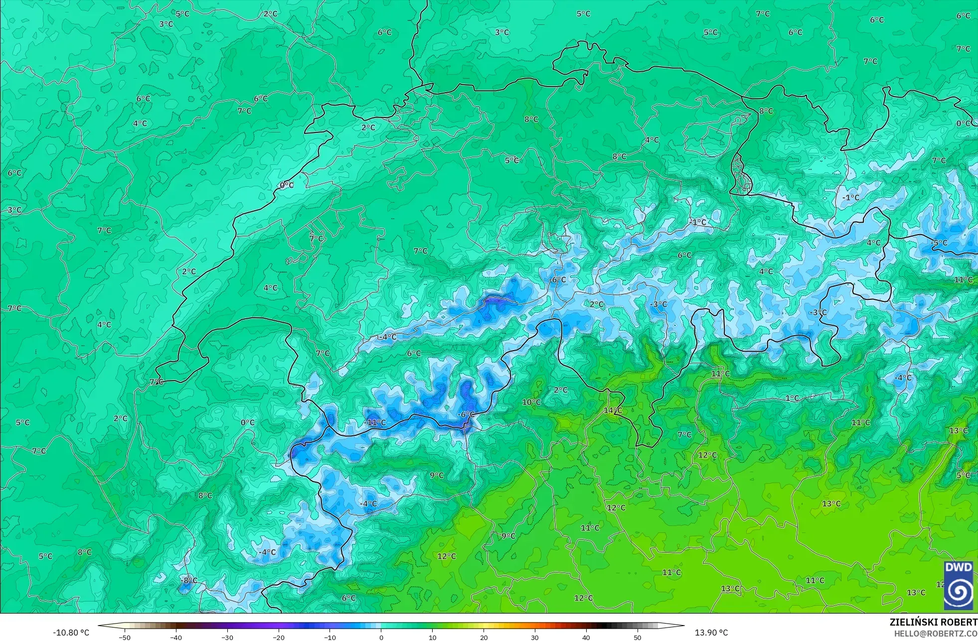 ICON ドイツ 2 km モデル - スイス, 露点温度（2m）