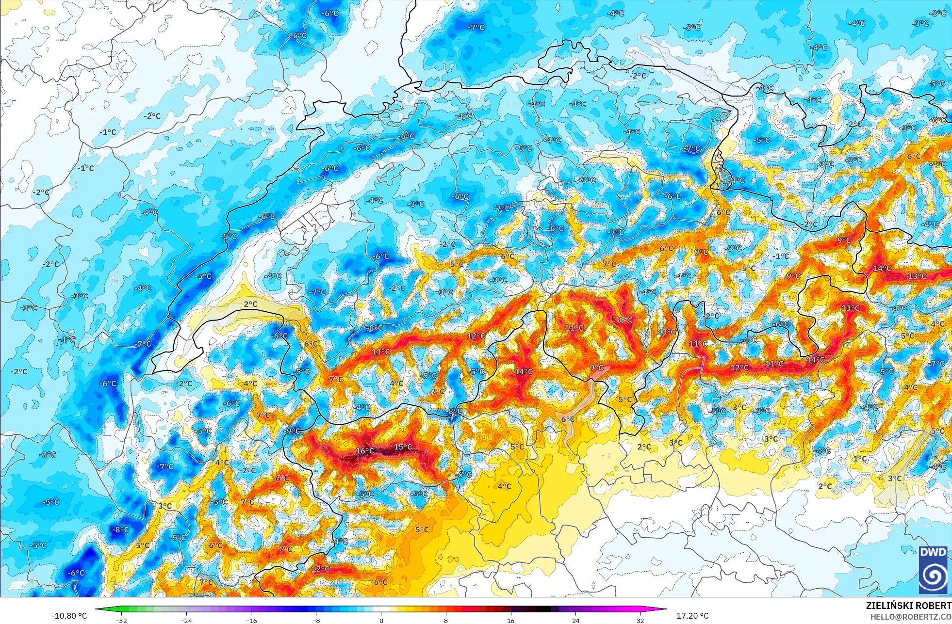 ICON ドイツ 2 km モデル - スイス, 気温異常（2m）