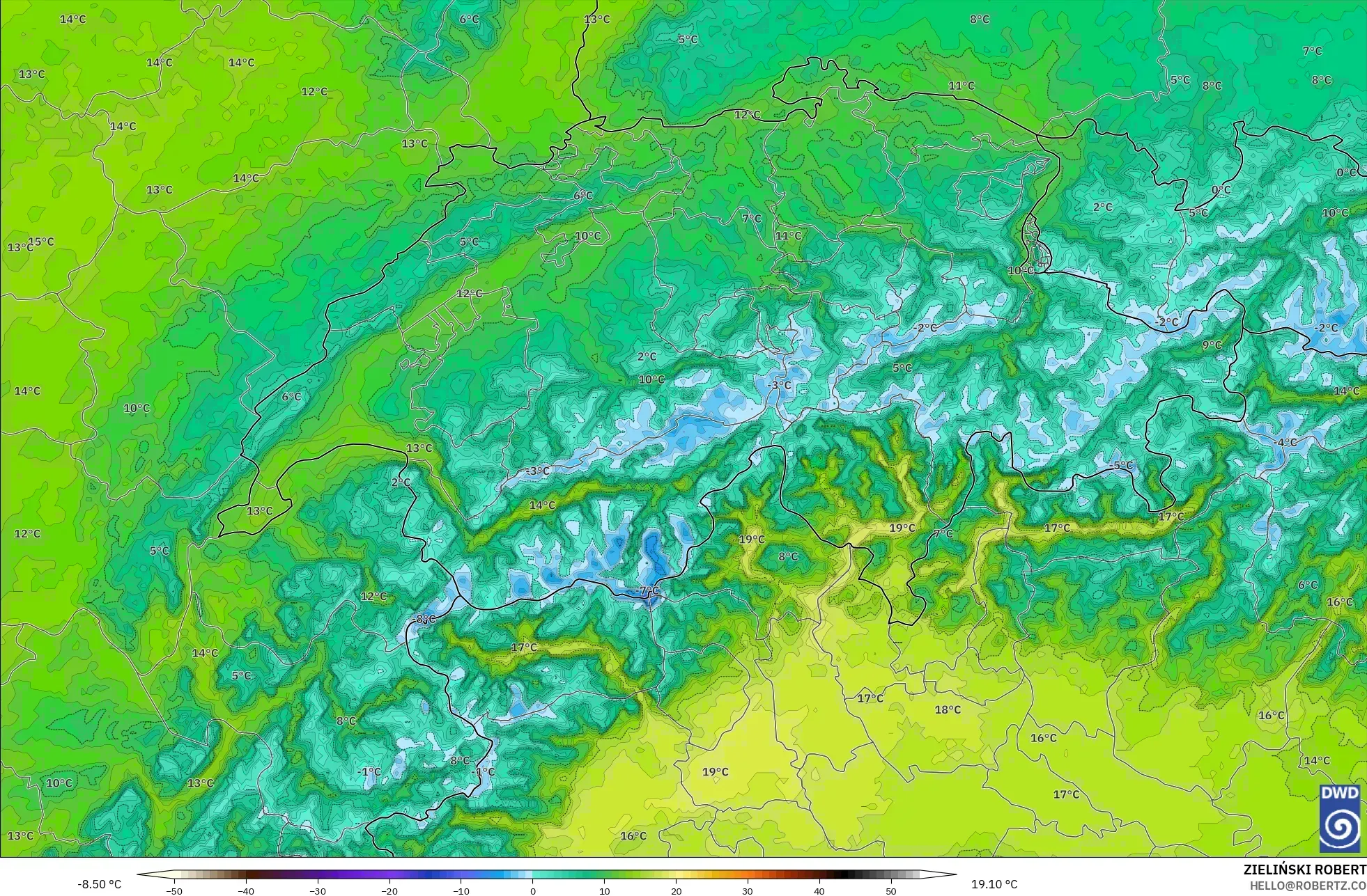 ICON ドイツ 2 km モデル - スイス, 気温（2m）