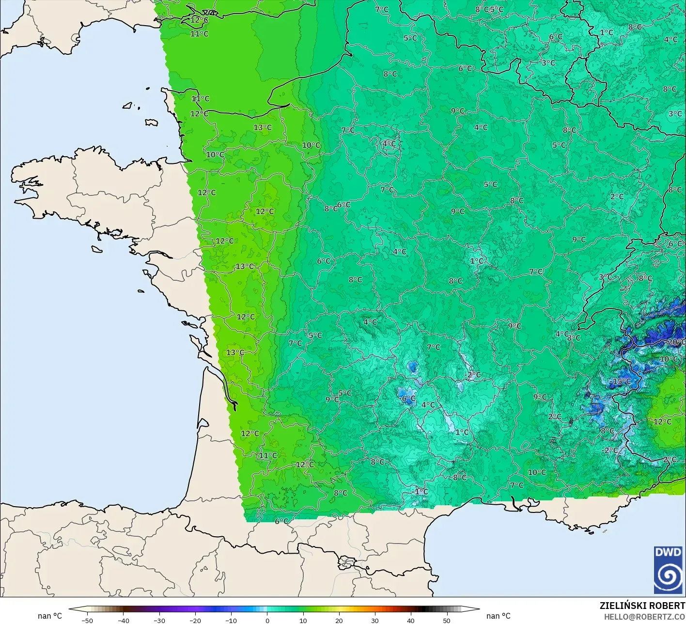 ICON ドイツ 2 km モデル - フランス, 露点温度（2m）