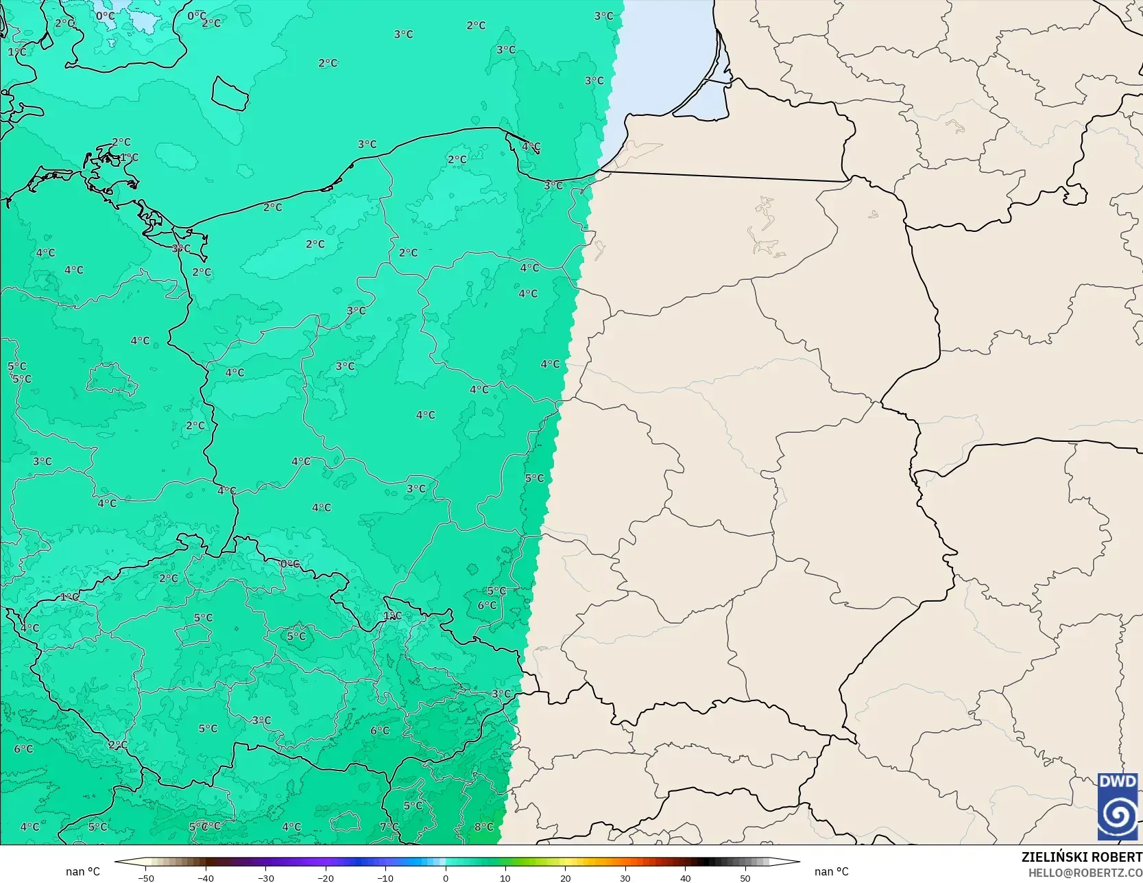 ICON ドイツ 2 km モデル - ポーランド, 気温（850hPa）
