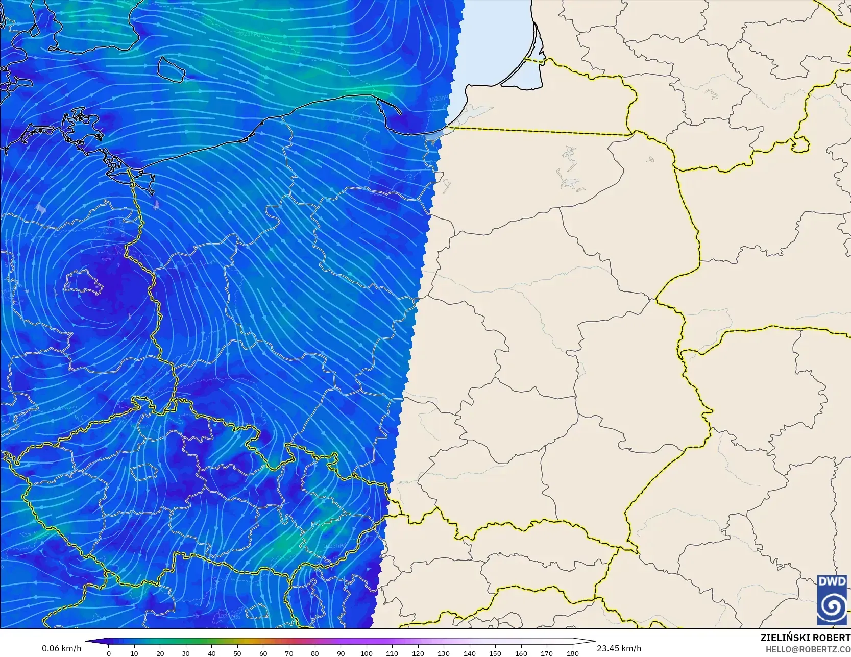ICON ドイツ 2 km モデル - ポーランド, 風速（10m）