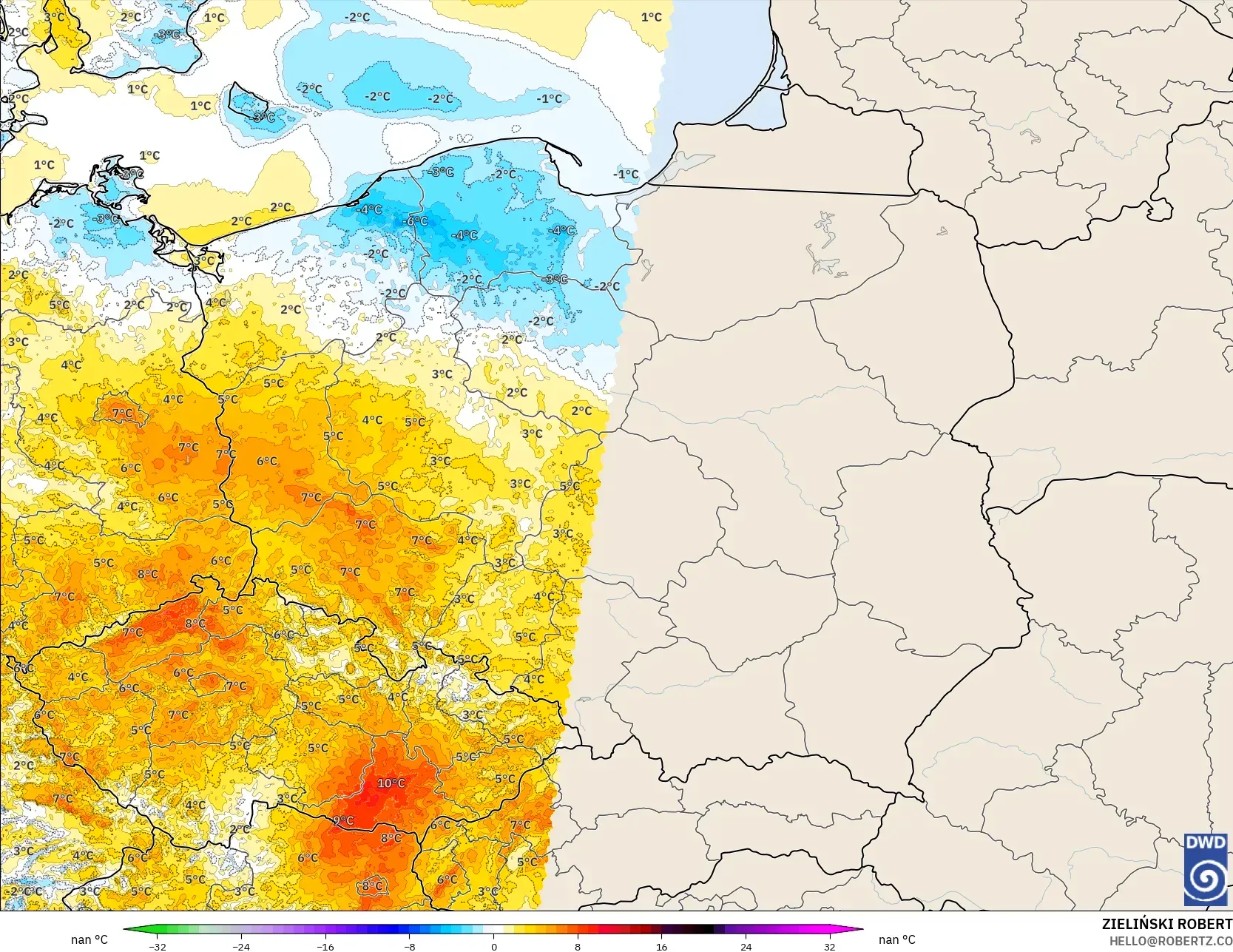 ICON ドイツ 2 km モデル - ポーランド, 気温異常（2m）