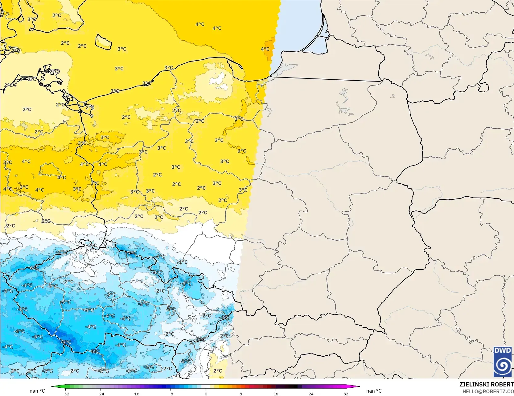 ICON ドイツ 2 km モデル - ポーランド, 気温異常（850hPa）