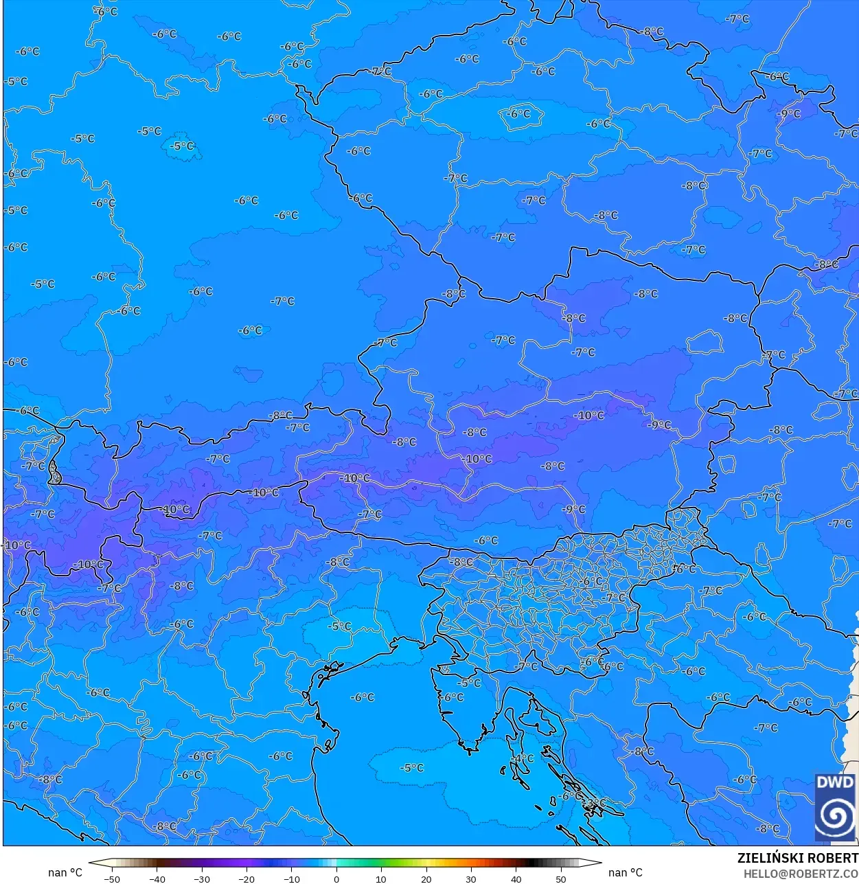 ICON ドイツ 2 km モデル - オーストリア, 気温（500hPa）