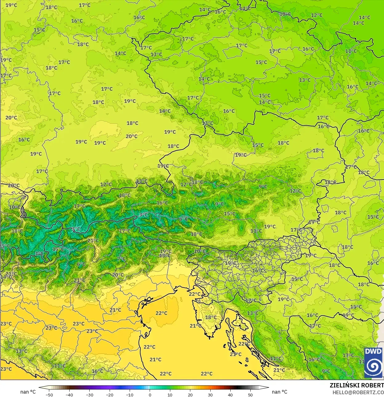 ICON ドイツ 2 km モデル - オーストリア, 気温（850hPa）