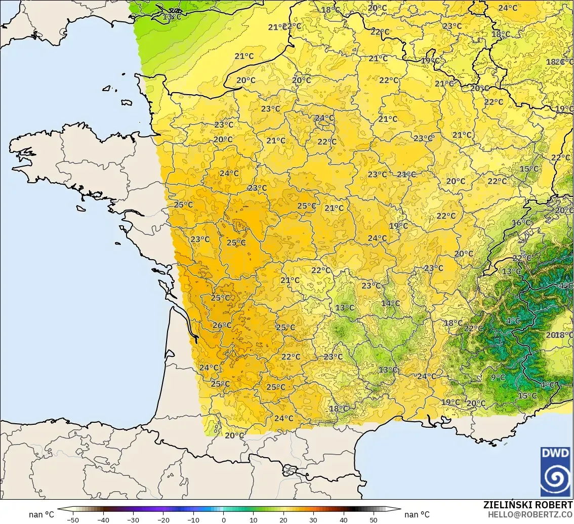 ICON ドイツ 2 km モデル - フランス, 気温（850hPa）
