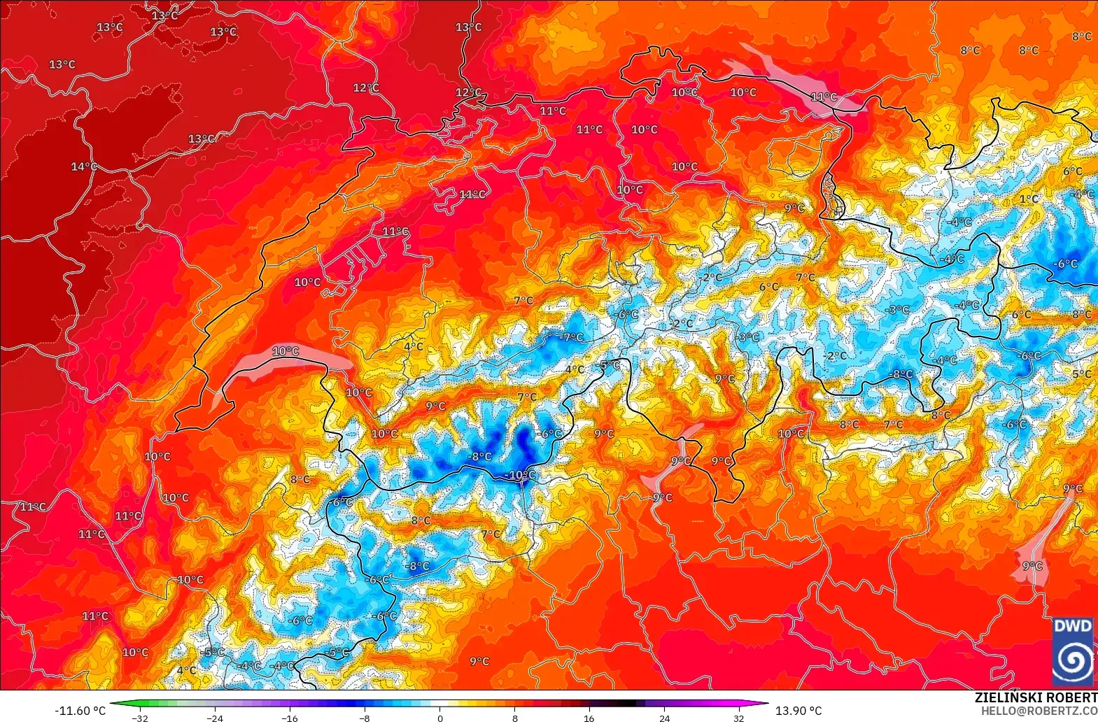ICON ドイツ 2 km モデル - スイス, 気温異常（850hPa）