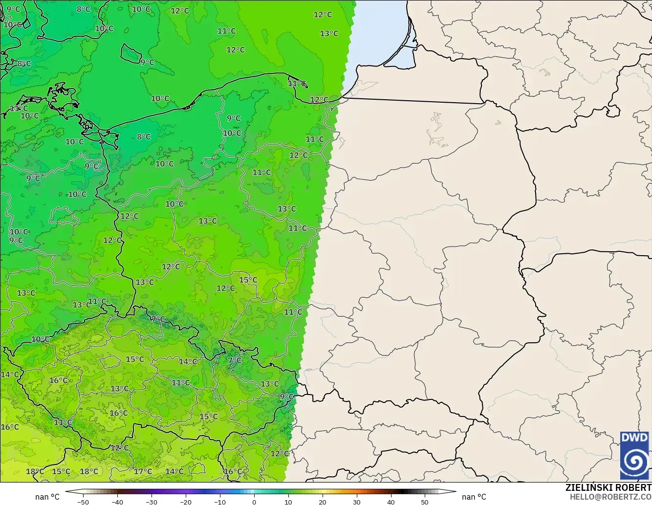 ICON ドイツ 2 km モデル - ポーランド, 気温（850hPa）