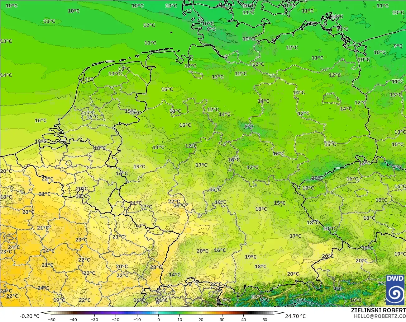 ICON ドイツ 2 km モデル - ドイツ, 気温（850hPa）