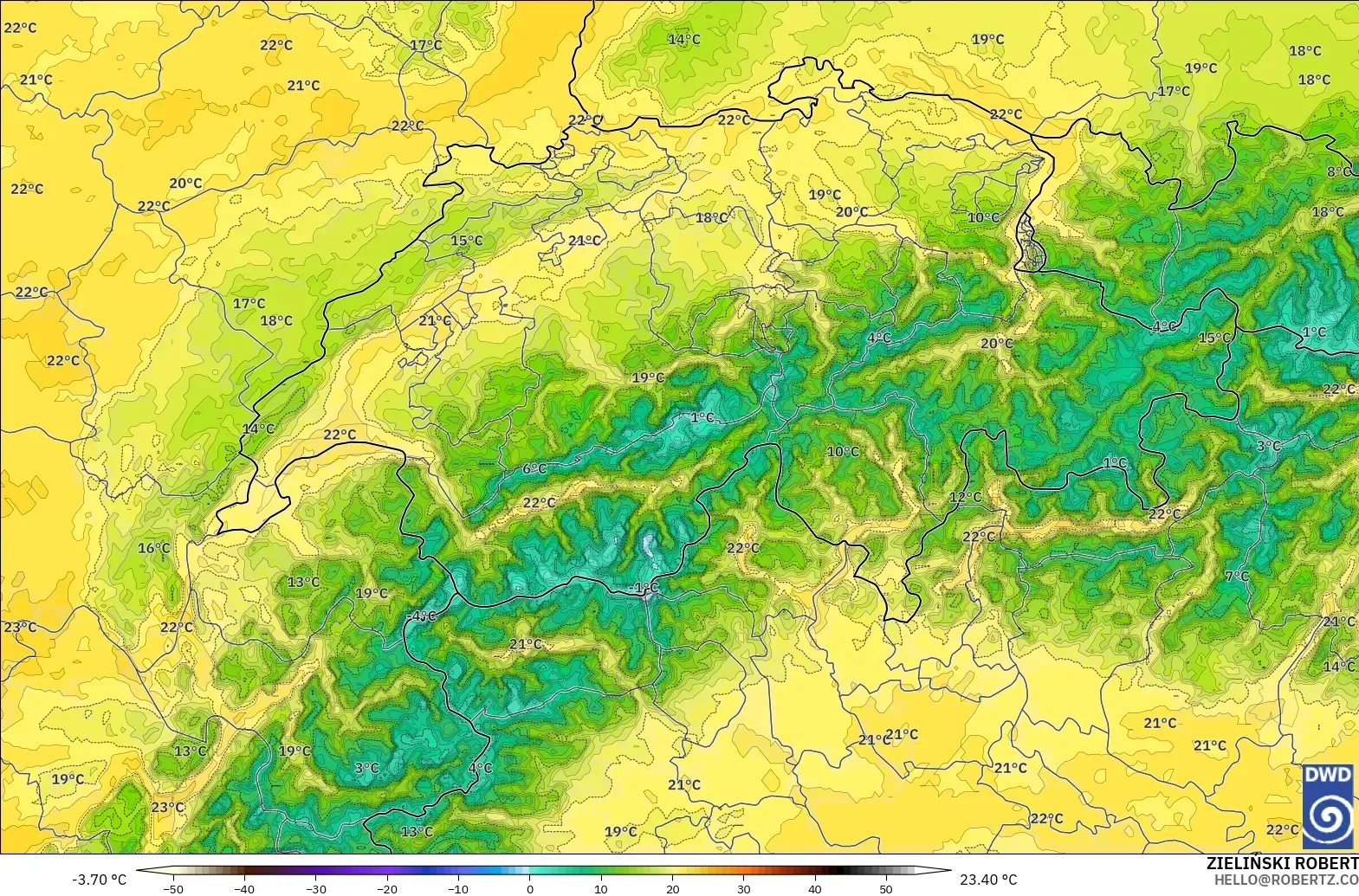 ICON ドイツ 2 km モデル - スイス, 気温（850hPa）
