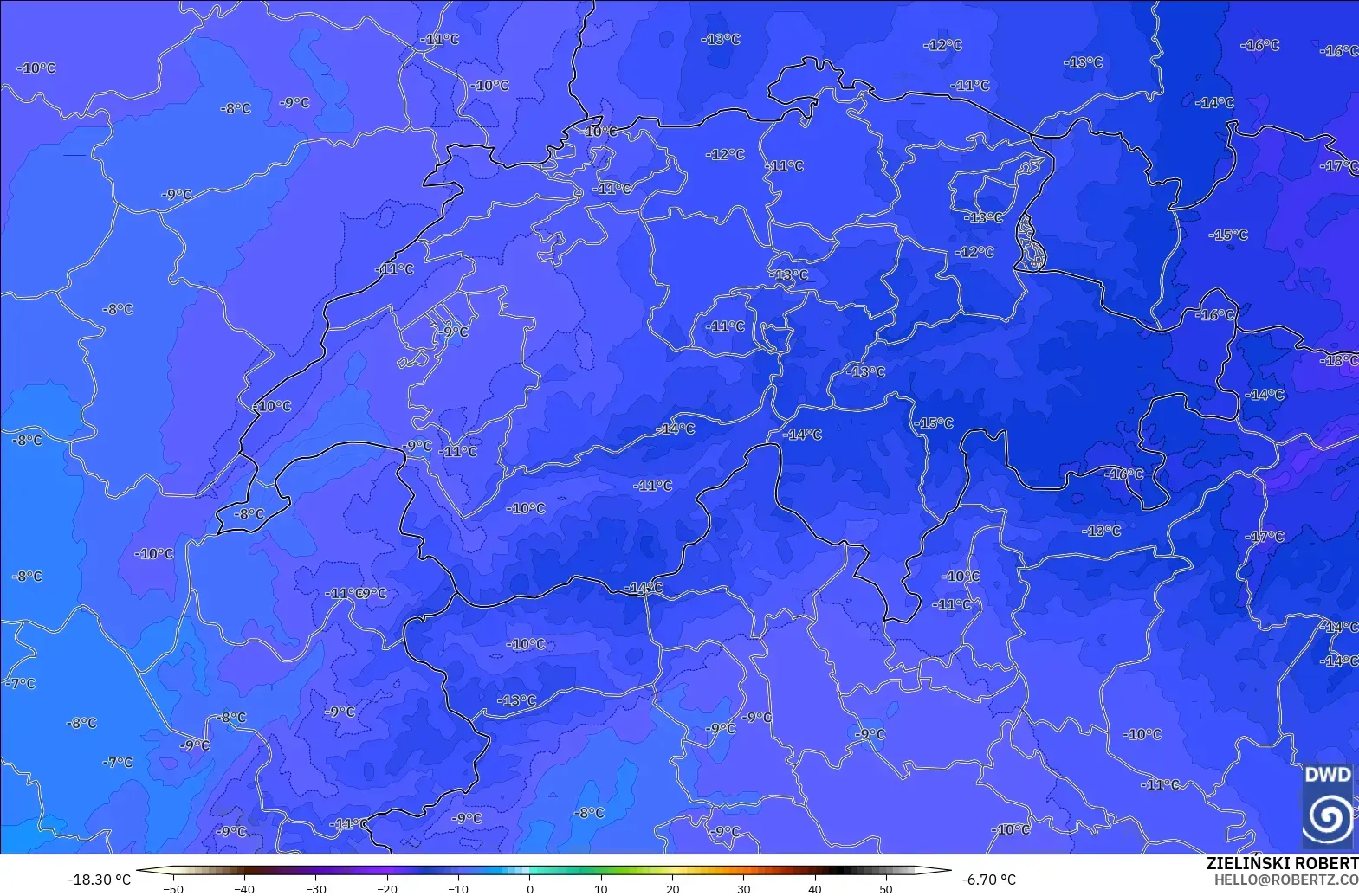 ICON ドイツ 2 km モデル - スイス, 気温（500hPa）