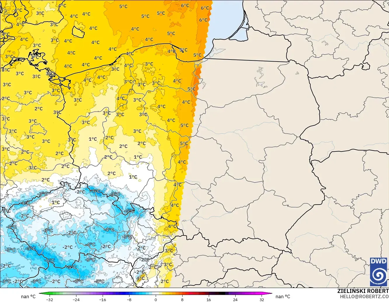 ICON ドイツ 2 km モデル - ポーランド, 気温異常（850hPa）
