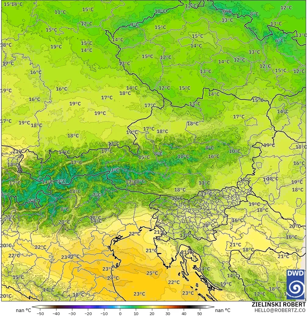 ICON ドイツ 2 km モデル - オーストリア, 気温（850hPa）