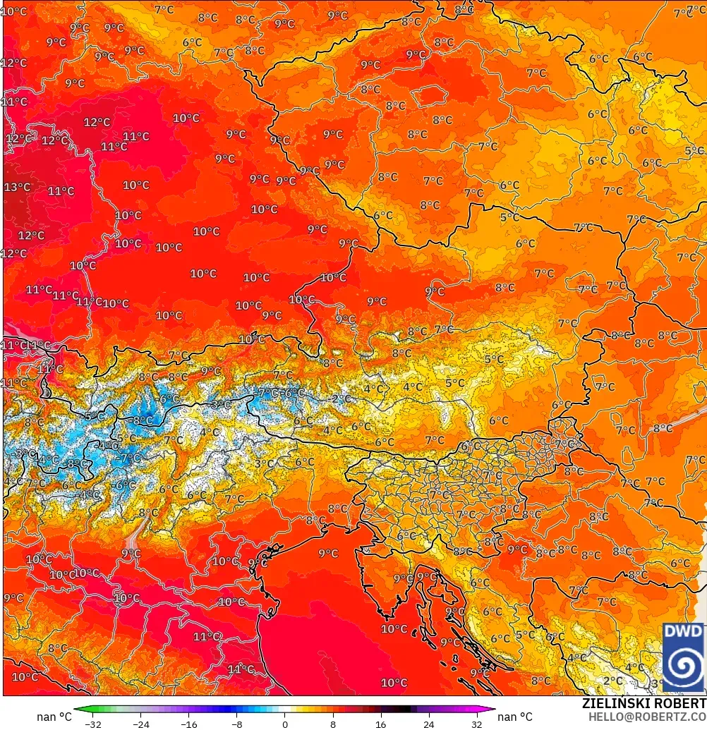 ICON ドイツ 2 km モデル - オーストリア, 気温異常（850hPa）