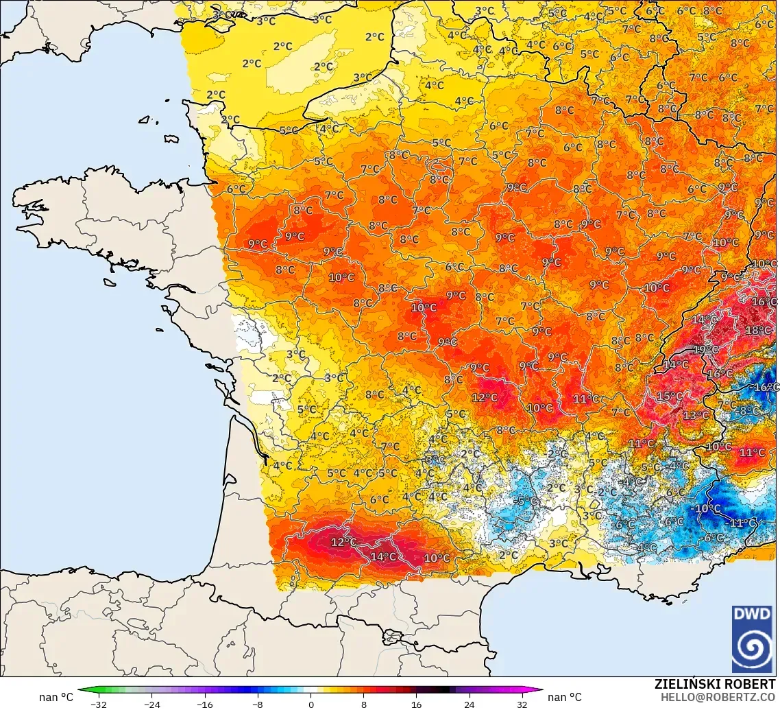 ICON ドイツ 2 km モデル - フランス, 気温異常（2m）