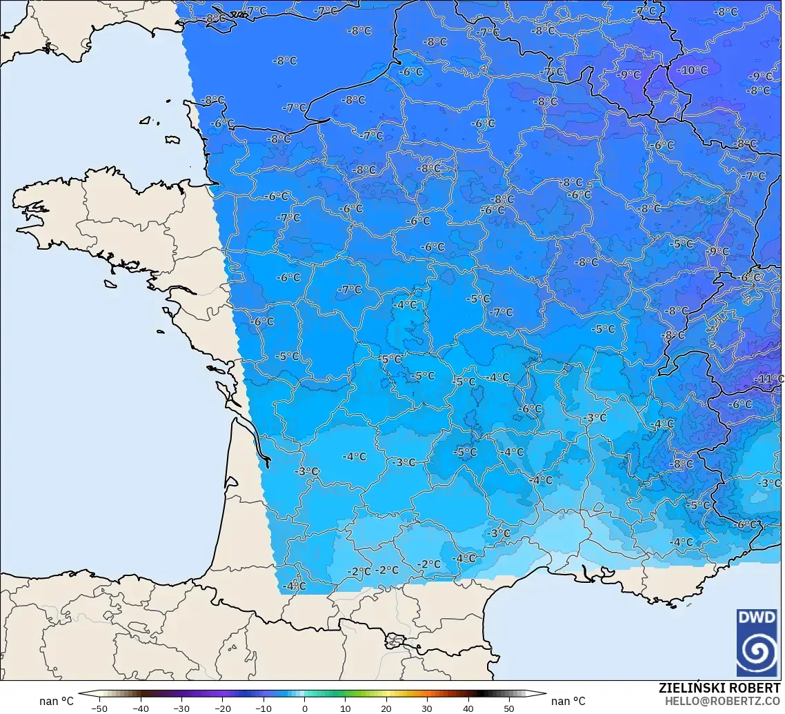 ICON ドイツ 2 km モデル - フランス, 気温（500hPa）