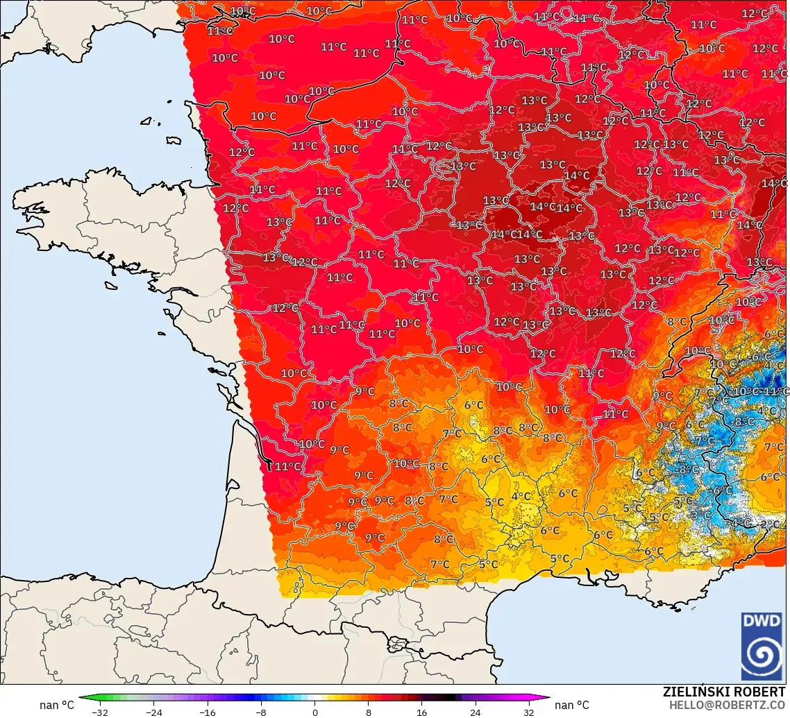 ICON ドイツ 2 km モデル - フランス, 気温異常（850hPa）