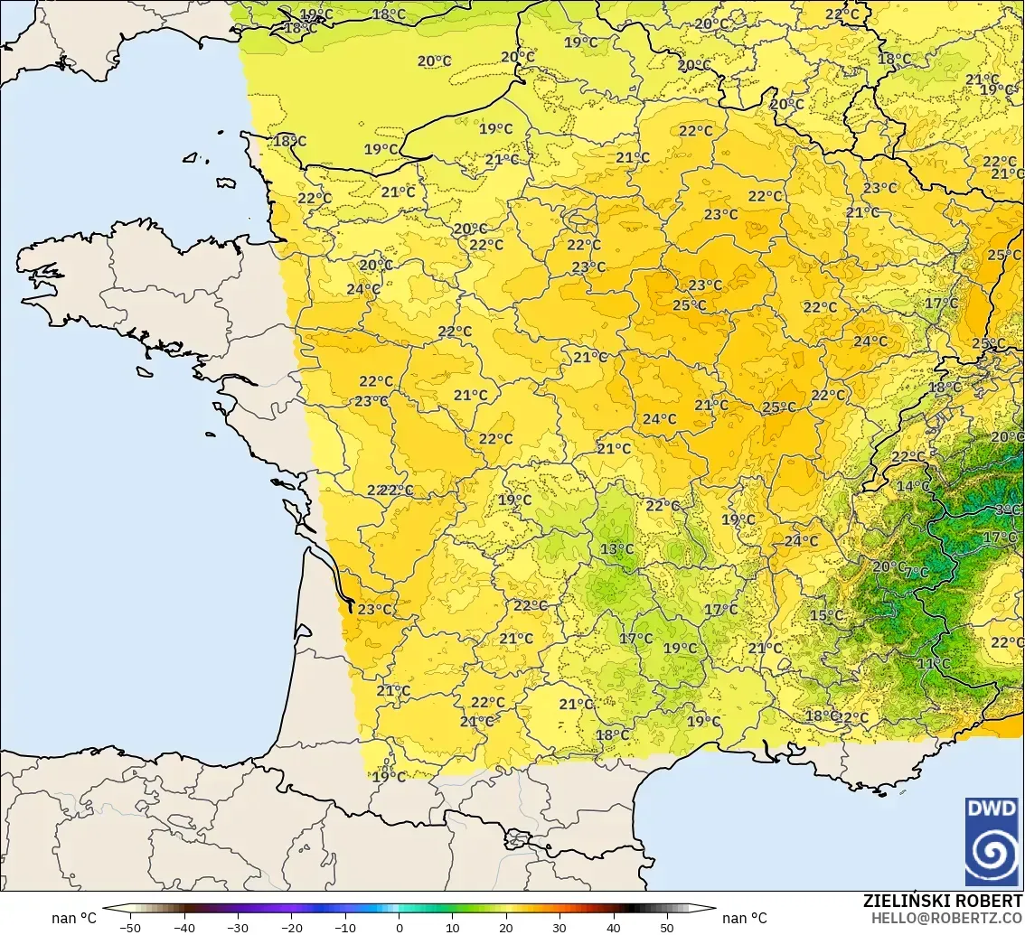 ICON ドイツ 2 km モデル - フランス, 気温（850hPa）