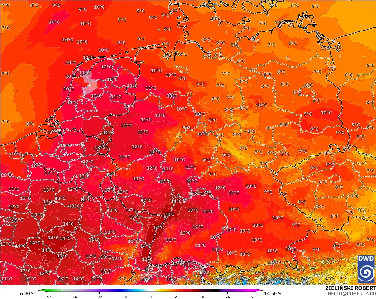 ICON ドイツ 2 km モデル - ドイツ, 気温異常（850hPa）
