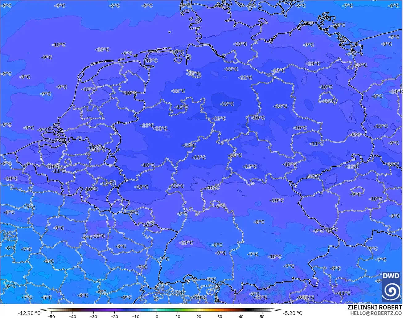 ICON ドイツ 2 km モデル - ドイツ, 気温（500hPa）