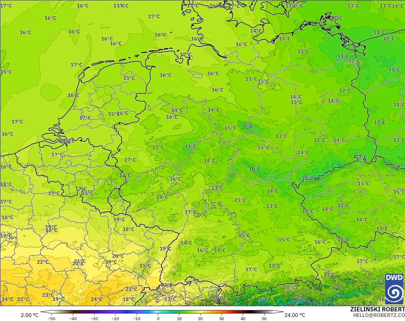 ICON ドイツ 2 km モデル - ドイツ, 気温（850hPa）