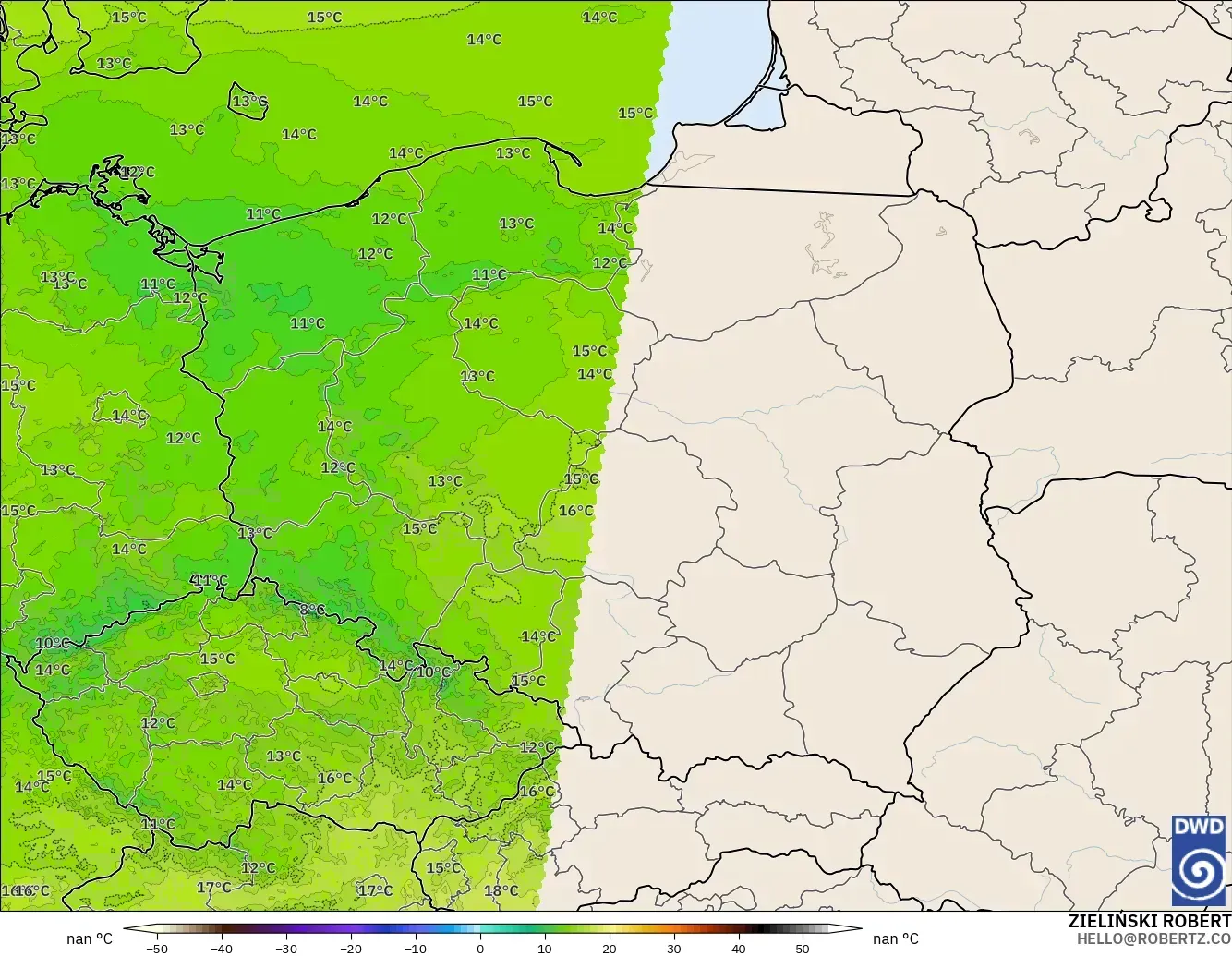 ICON ドイツ 2 km モデル - ポーランド, 気温（850hPa）