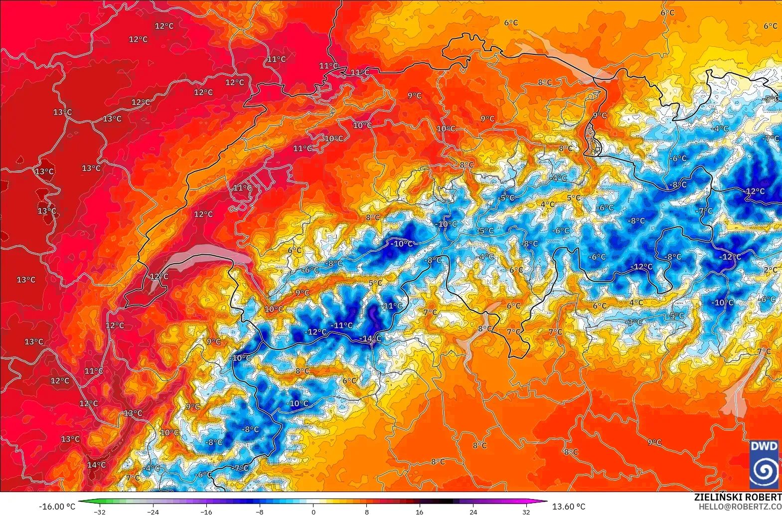 ICON ドイツ 2 km モデル - スイス, 気温異常（850hPa）