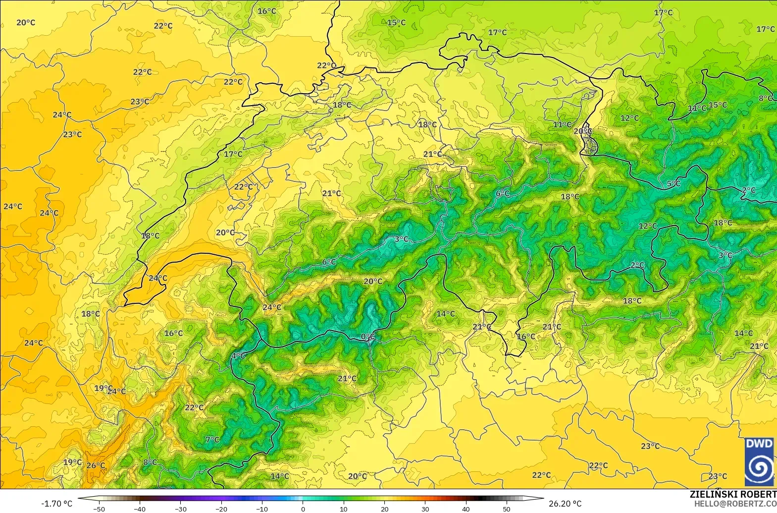 ICON ドイツ 2 km モデル - スイス, 気温（850hPa）