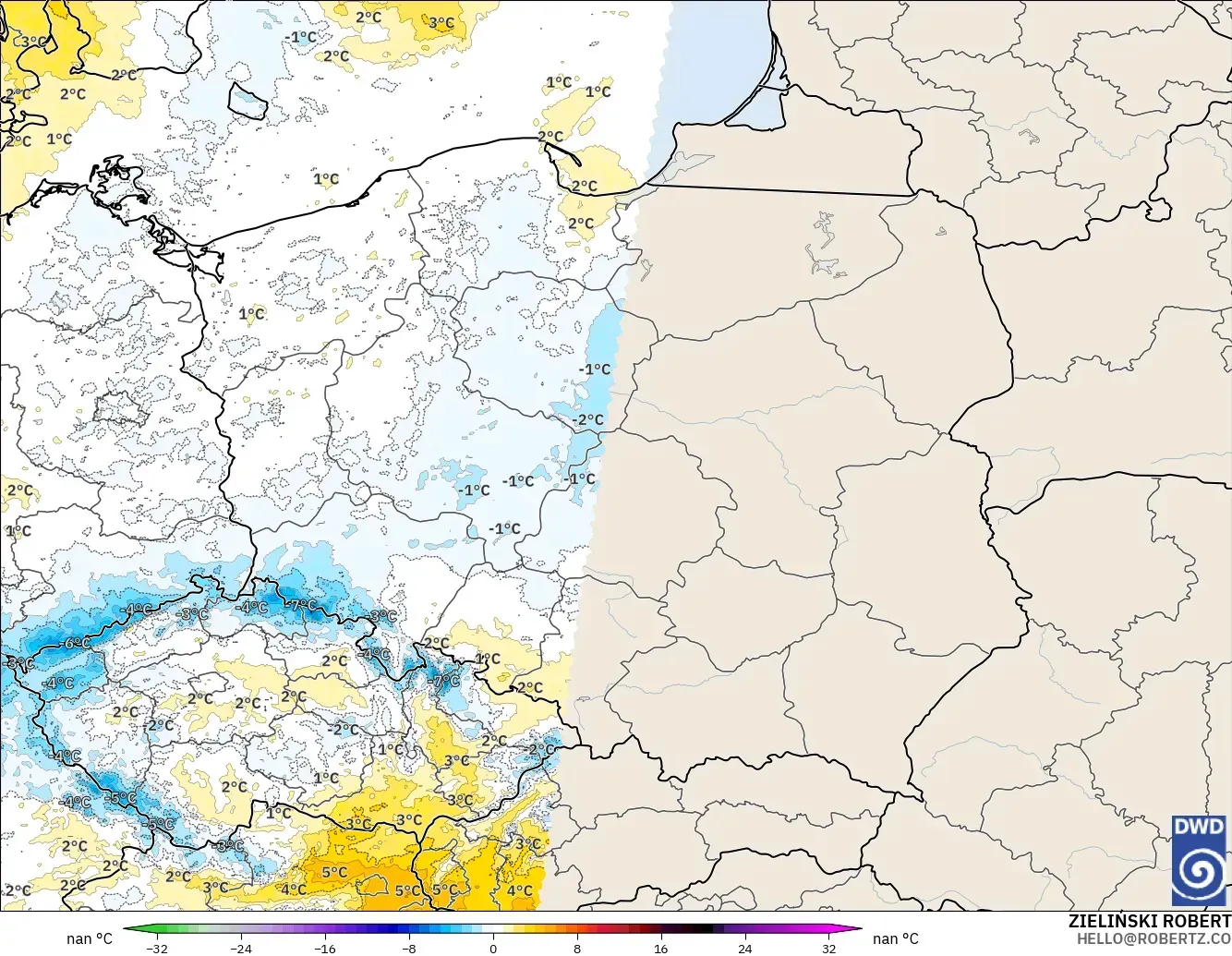 ICON ドイツ 2 km モデル - ポーランド, 気温異常（850hPa）