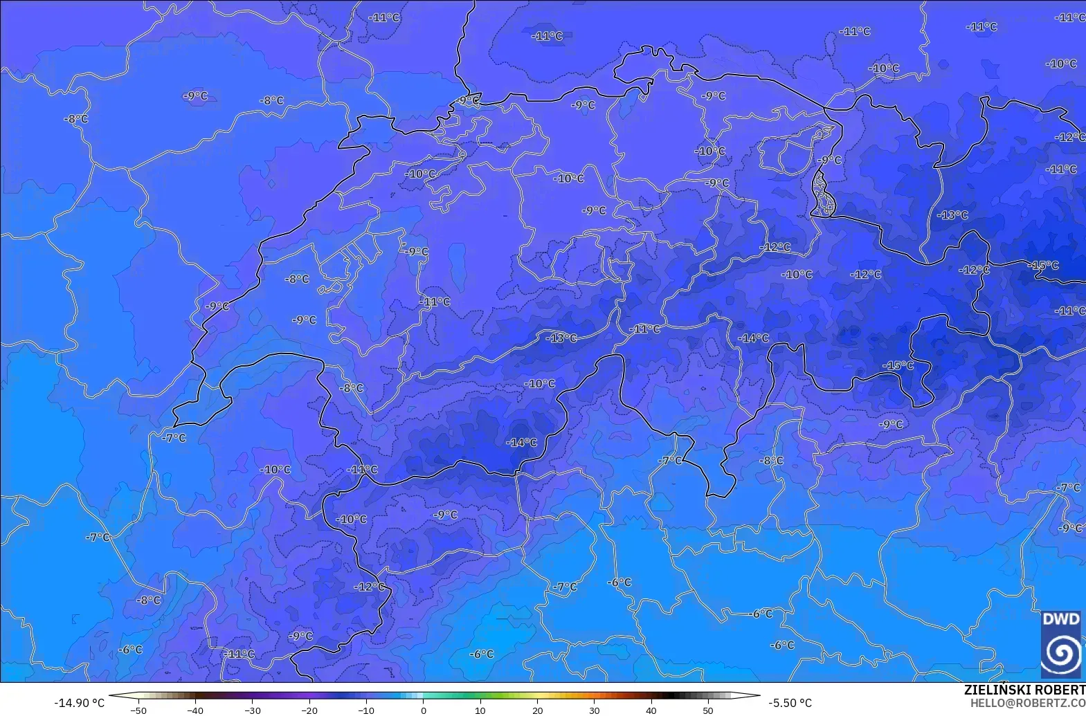 ICON ドイツ 2 km モデル - スイス, 気温（500hPa）