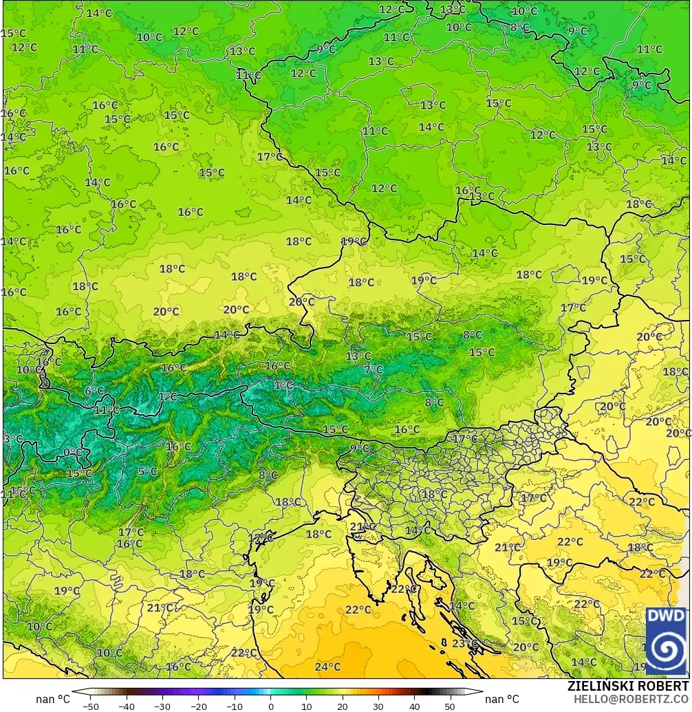 ICON ドイツ 2 km モデル - オーストリア, 気温（850hPa）