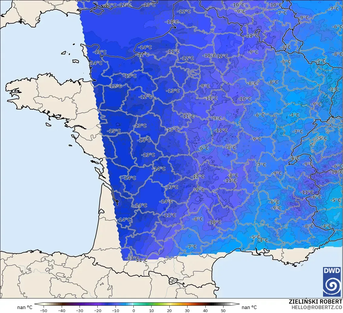 ICON ドイツ 2 km モデル - フランス, 気温（500hPa）