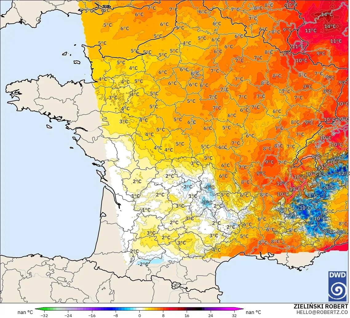 ICON ドイツ 2 km モデル - フランス, 気温異常（850hPa）