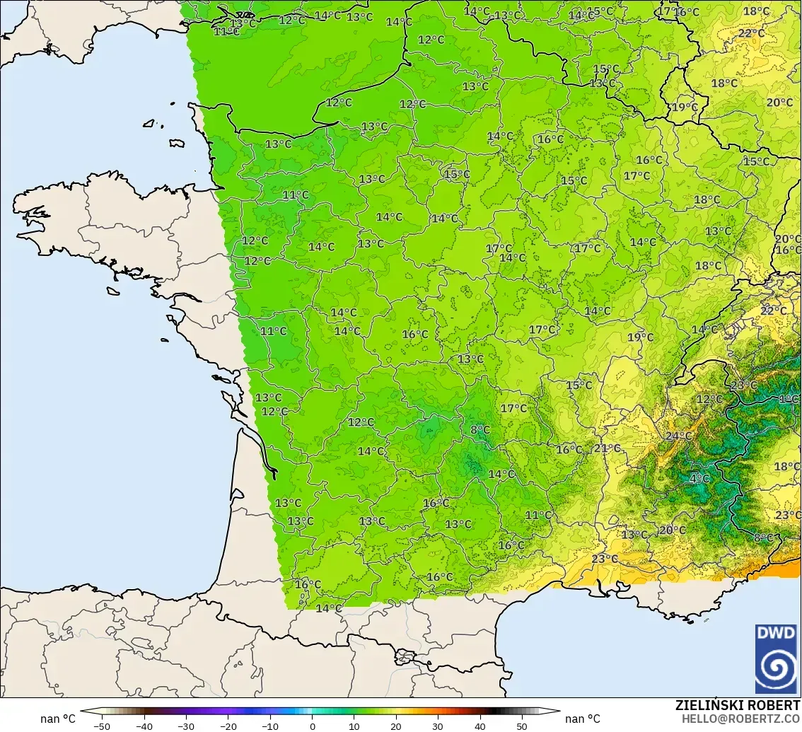 ICON ドイツ 2 km モデル - フランス, 気温（850hPa）