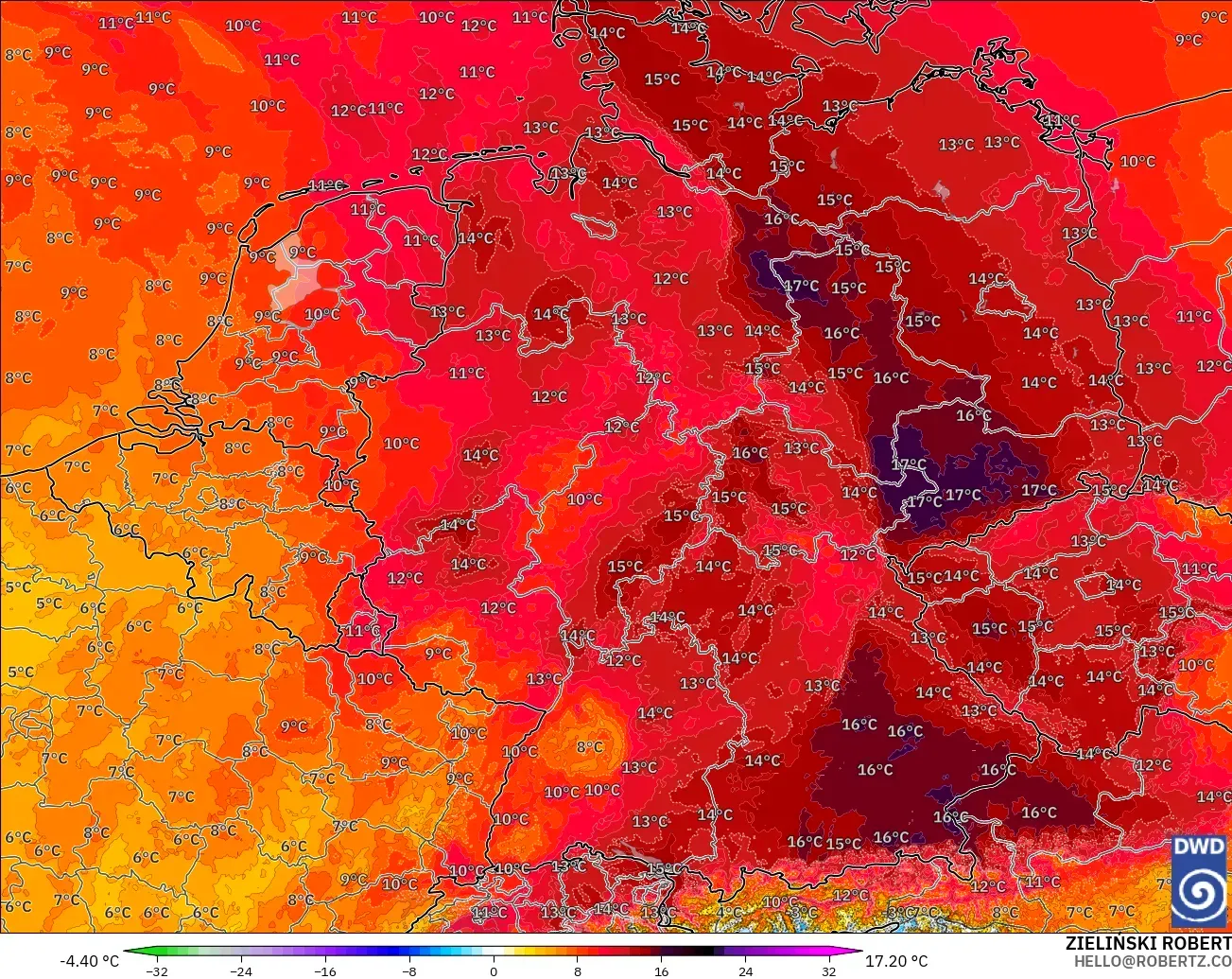 ICON ドイツ 2 km モデル - ドイツ, 気温異常（850hPa）