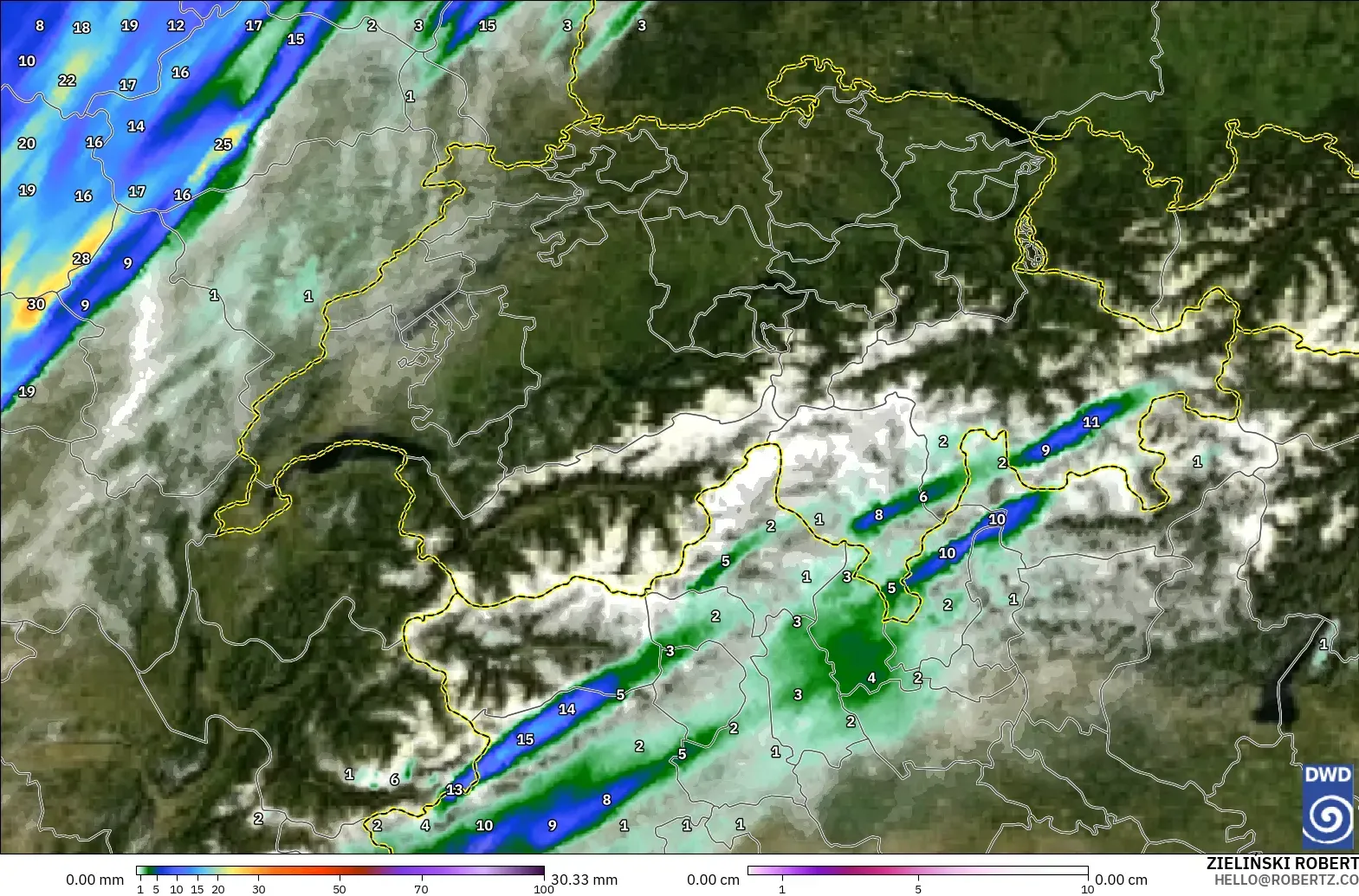 ICON ドイツ 2 km モデル - スイス, 降水量、雲、気圧