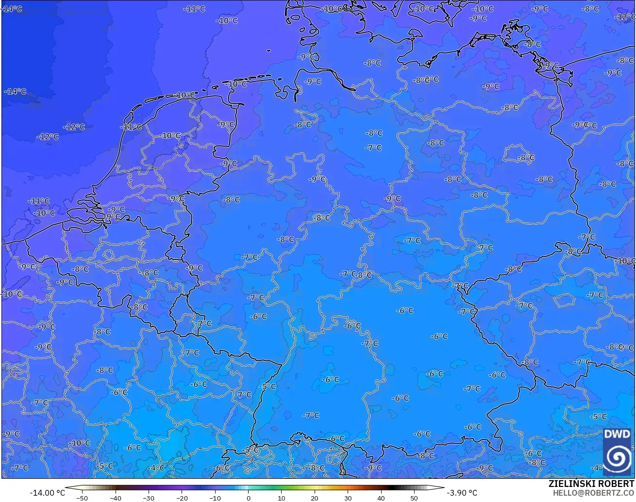 ICON ドイツ 2 km モデル - ドイツ, 気温（500hPa）