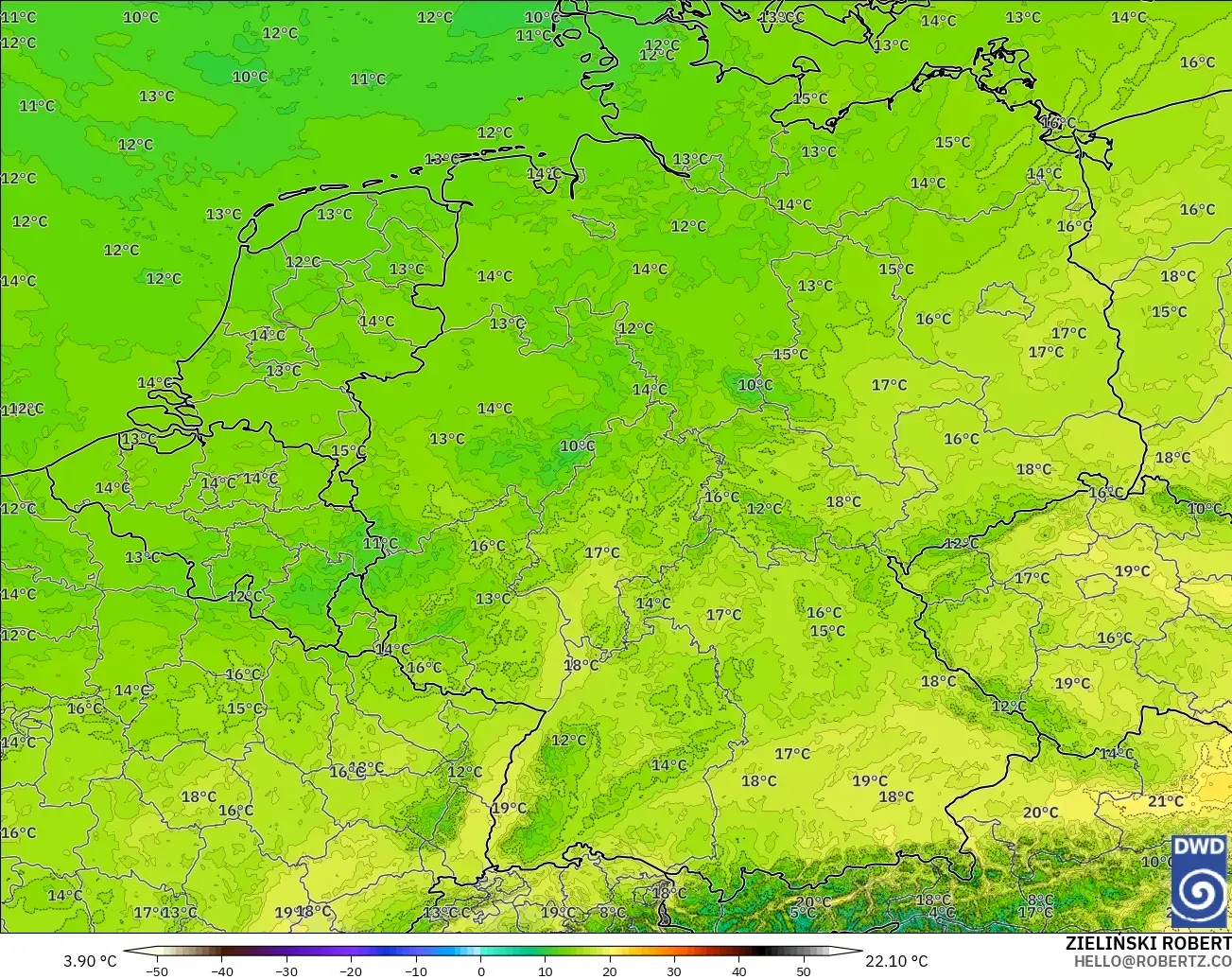ICON ドイツ 2 km モデル - ドイツ, 気温（850hPa）