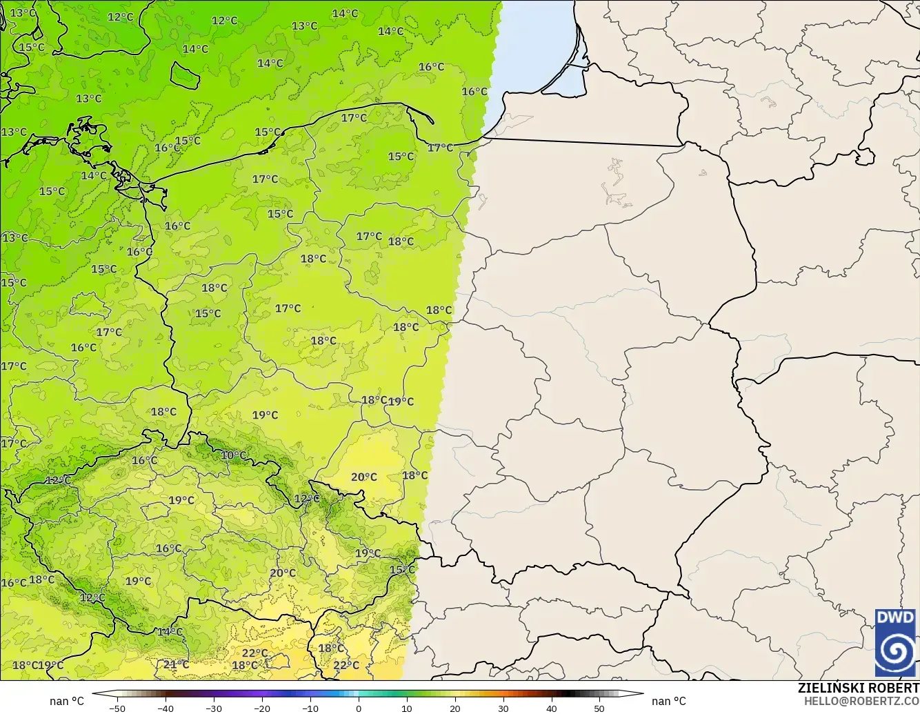 ICON ドイツ 2 km モデル - ポーランド, 気温（850hPa）